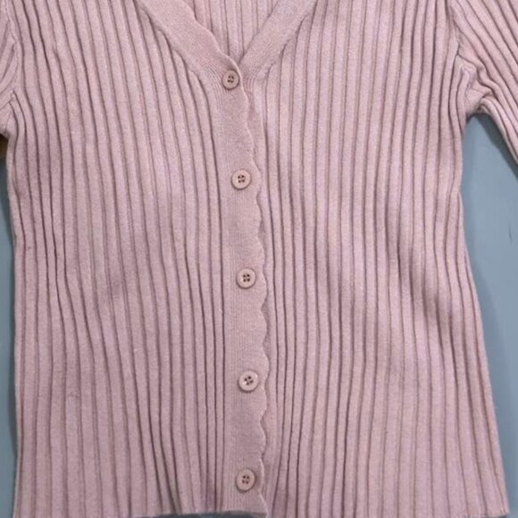 Pink Ribbed Knit Button-Down V-Neck Cardigan - Picture 4 of 5